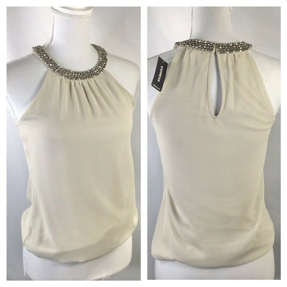 Express Tops - Express~High Beaded Neck~Cut Out Shoulders~Lined~